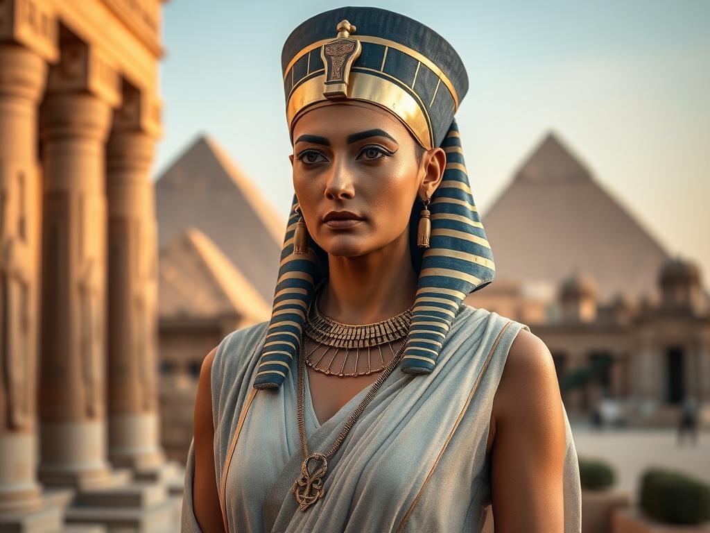 **AI Image Generation Prompt:**

Create a realistic high-resolution photo depicting a prominent woman from ancient Egypt, specifically Hatshepsut, the famous female pharaoh. The composition should focus solely on Hatshepsut standing proudly against a backdrop of iconic ancient Egyptian architecture, such as the intricate stone carvings of a temple or the pyramids in the distance. 

Hatshepsut should be portrayed in traditional royal attire, including a finely detailed linen dress adorned with gold jewelry, 