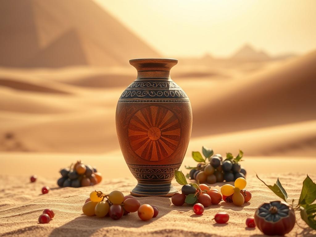 Create a realistic high-resolution image titled "Drinks in Ancient Egypt." The composition should feature a traditional Egyptian amphora placed prominently in the center of the frame, showcasing its intricate designs and textured surface. The amphora should be filled with a rich, golden liquid, symbolizing a beverage like honey mead or wine that might have been enjoyed in ancient times. 

In the background, depict a sunlit Egyptian landscape featuring warm, sandy tones with soft dunes gently rolling away, a