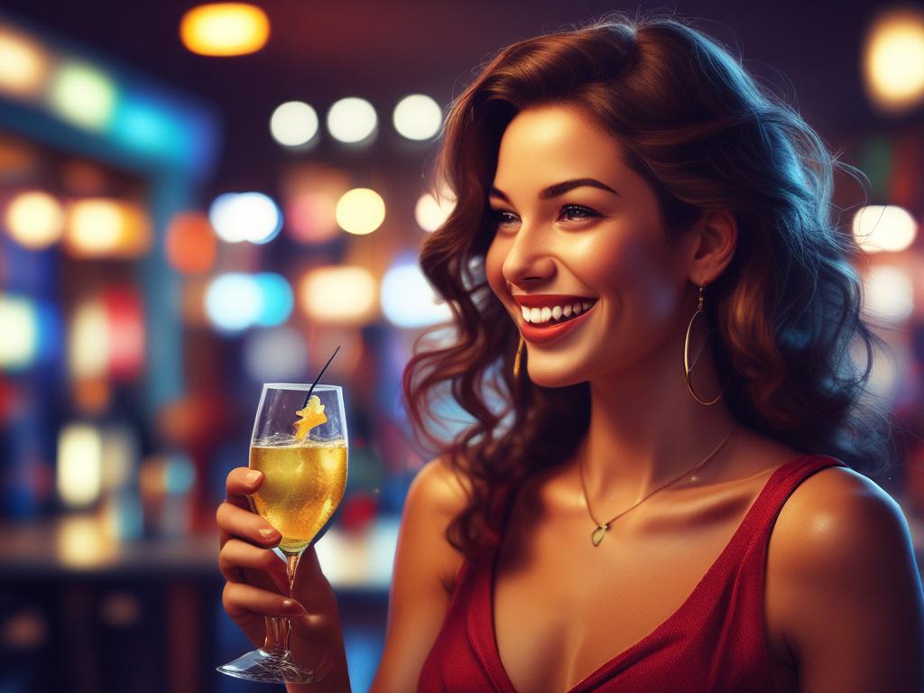A glamorous woman in a stylish cocktail dress, laughing and