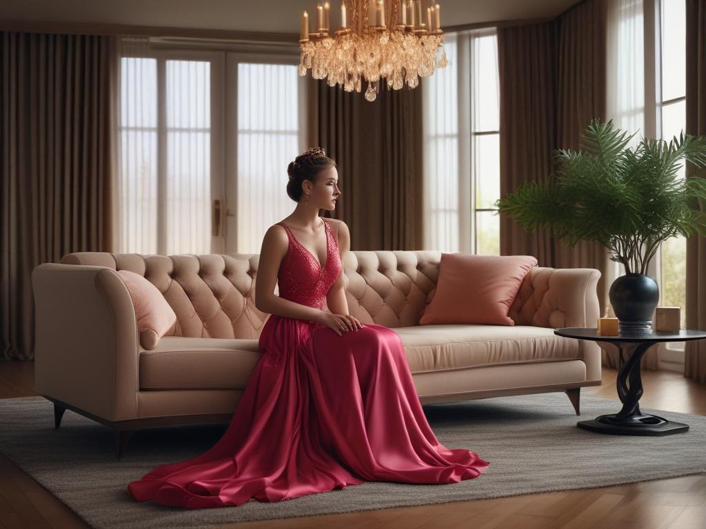 A stunning, elegant woman dressed in a sophisticated evening gown,