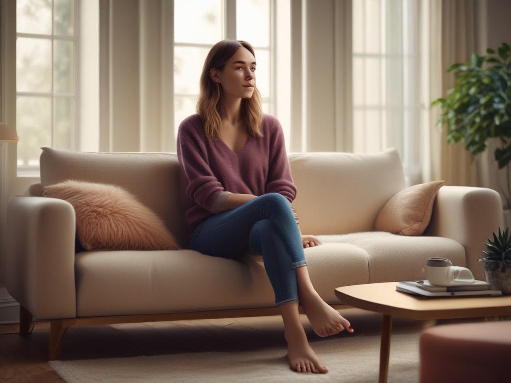 A lovely woman sitting comfortably on a plush sofa in