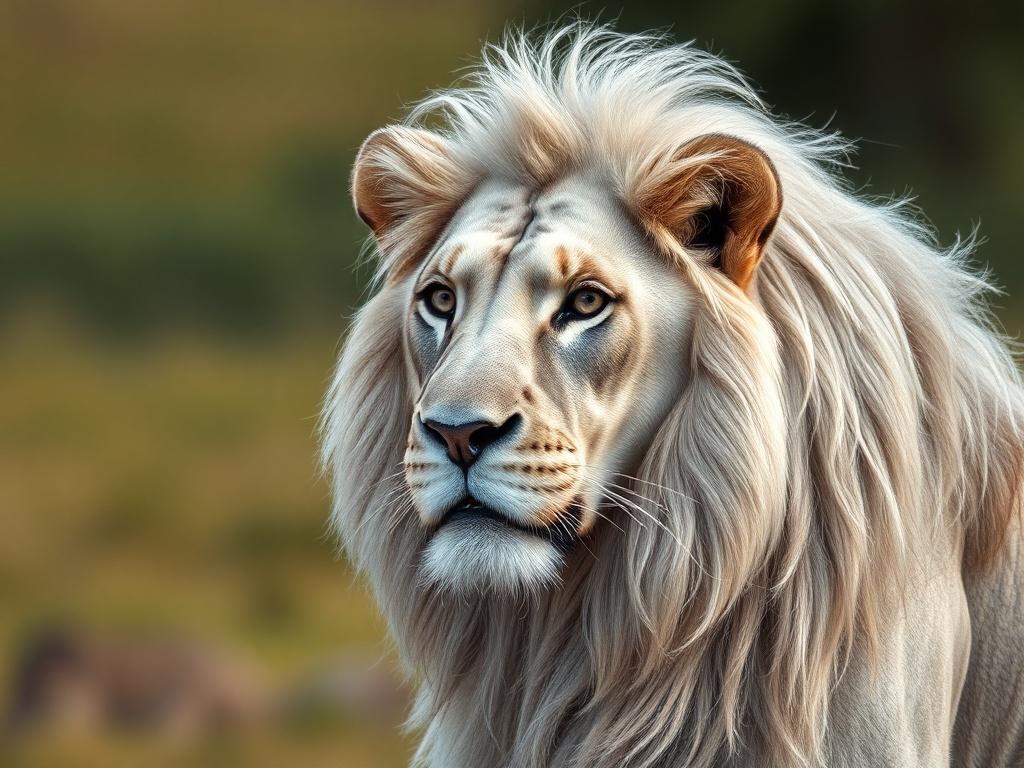 Create a highly detailed, realistic high-resolution photo of a majestic silver lion, captured in a close-up shot using a 45mm f/1.2 lens to emphasize its expressive eyes and luxurious fur texture. The lion should be in a powerful yet serene pose, with its mane gently flowing in the breeze, showcasing a blend of intricate silver and white hues that glisten in the soft, natural light. 

The background should be a subtle, blurred gradient of earthy tones—greens and browns—to mimic a tranquil savannah setting. 