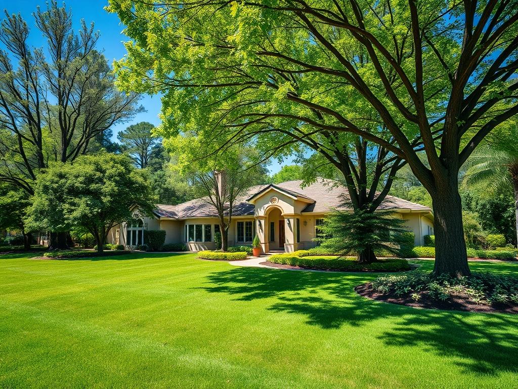 A hyper-realistic close-up shot of a vibrant green landscape showcasing a well-maintained property with flourishing trees and manicured grass, captured with a 45mm f/1.2 lens. The focus should be on the property's inviting entrance, surrounded by lush greenery, under a clear blue sky, emphasizing the quality and potential of land development.
