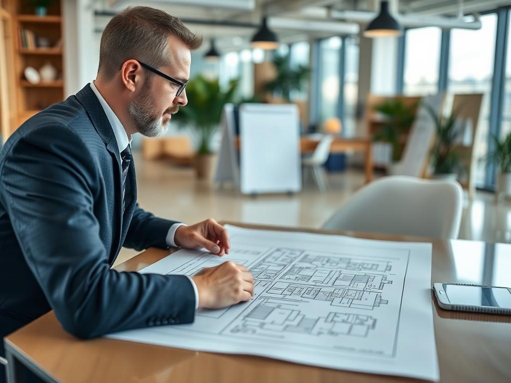 A close-up shot of a professional consulting session between a property developer and a client. The focus should be on a detailed blueprint or property plan laid out on a table, with the two individuals engaged in discussion, surrounded by an office environment filled with architectural elements. The image should be realistic high-resolution, shot with a 45mm f/1.2 lens style, featuring the primary color rgb(142, 112, 68).