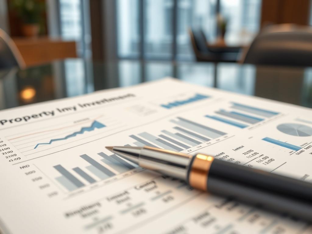 A close-up shot of a financial report displaying impressive growth metrics for property investments. The report should feature clear graphs and figures, highlighted with a pen resting on top, symbolizing analysis and decision-making. The background should be an elegant office setting, emphasizing professionalism. The image should be realistic high-resolution, shot with a 45mm f/1.2 lens style, incorporating the primary color rgb(142, 112, 68).