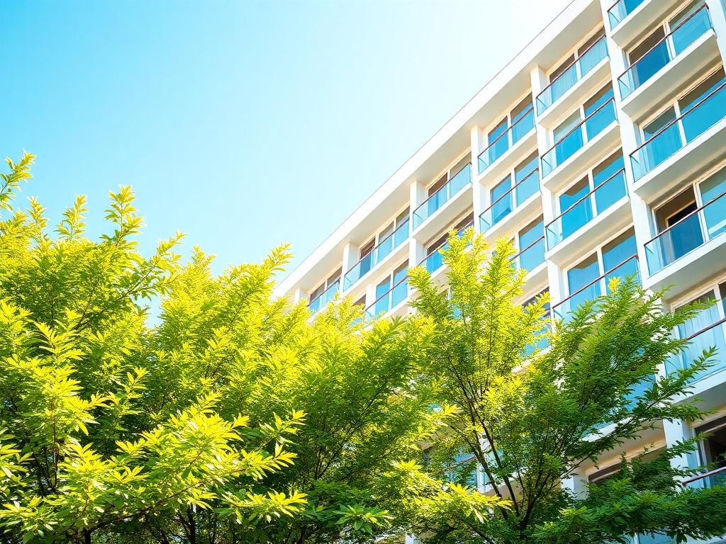 A close-up shot of a beautiful, modern apartment complex showcasing vibrant greenery and clear blue skies. The image should focus on the architectural details, emphasizing windows and balconies, with a background that is bright and inviting, reflecting a thriving urban environment. The photo should be realistic high-resolution, shot with a 45mm f/1.2 lens style, incorporating the primary color rgb(142, 112, 68).