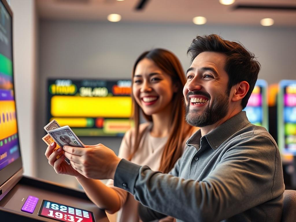 A satisfied player receiving winnings, with a bright and colorful