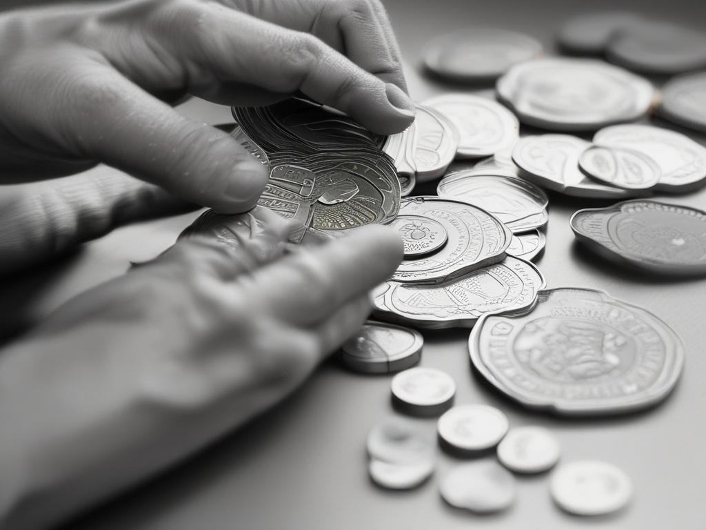 Create a realistic high-resolution photo featuring a close-up shot of a person (the subject) thoughtfully examining a small stack of coins and a notepad filled with basic investment ideas. The subject should be focused and engaged, portraying a sense of determination and intelligence as they consider their financial future. Use a shallow depth of field to blur the background slightly, ensuring the subject stands out clearly. 

The background should be simple and uncluttered, perhaps a soft wooden table or a