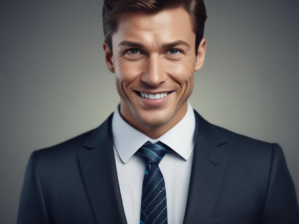 A hyper realistic close up shot of a confident business