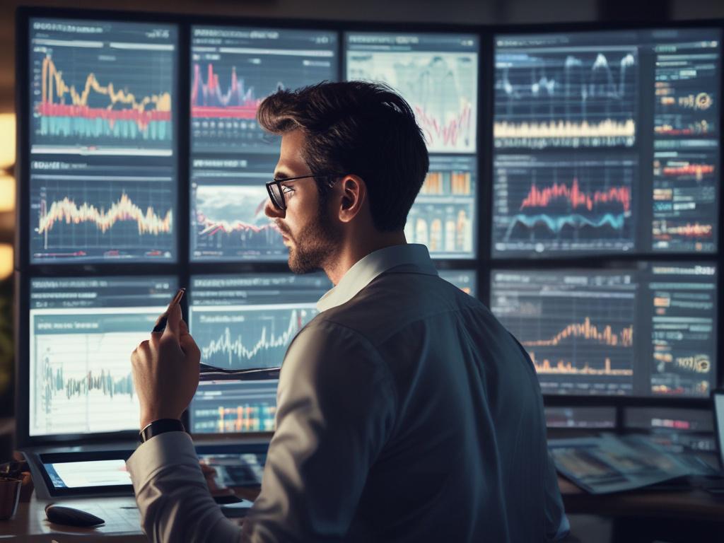 A close up shot of a market analyst examining financial