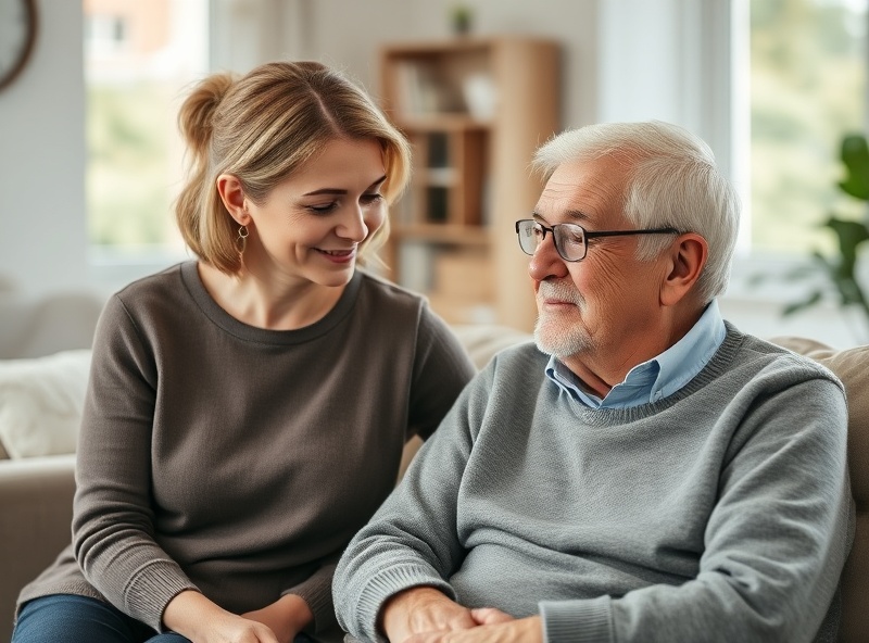 Compassionate caregiver companion sitting with an older adult man in a cozy home setting, providing warm and respectful care - HomeCircle Companions