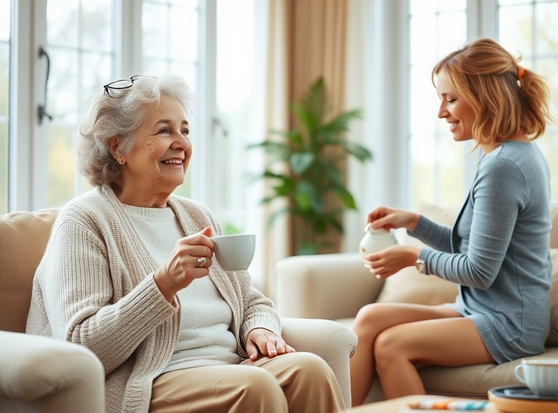 Friendly female companion pouring tea for an older adult woman in a bright, comfortable living room - HomeCircle Companions care in Birmingham