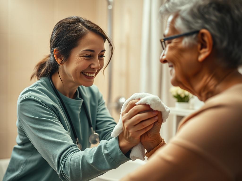 A close-up shot of a caring home health aide gently assisting an elderly person with bathing in a cozy, well-lit bathroom. The aide is smiling, displaying empathy and professionalism while holding a washcloth. The background should be softly blurred to emphasize the interaction, with warm colors that evoke comfort and trust.