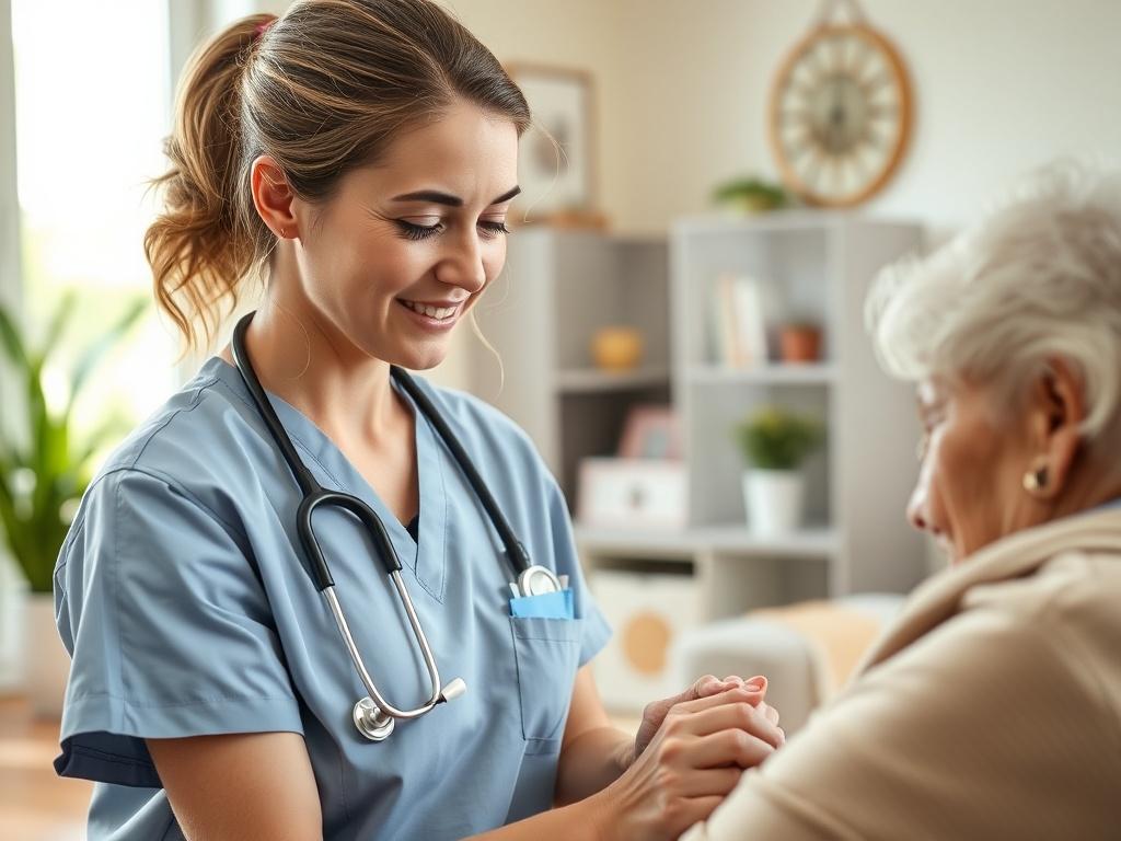 A close-up shot of a skilled nurse in a bright, welcoming home environment, gently tending to an elderly patient's wound care. The nurse is wearing scrubs and a stethoscope, with a caring expression. The background features soft natural light and comforting home decor, creating a warm and professional atmosphere. The composition is simple, with the nurse as the sole subject, capturing the essence of compassionate home healthcare.