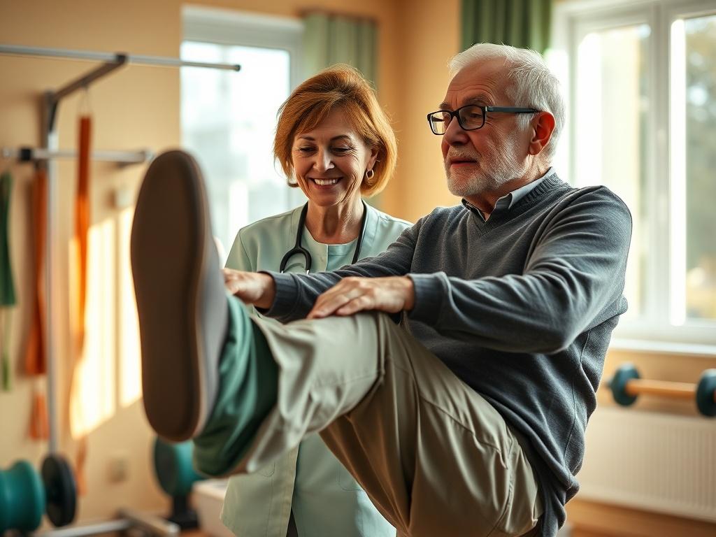 A close-up shot of a physical therapist assisting an elderly patient with a rehabilitation exercise in a bright, inviting therapy room. The therapist, a middle-aged woman with a kind expression, is gently guiding the patient, an elderly man, as he performs a leg lift. The background is warm and welcoming, featuring therapy equipment like resistance bands and weights, with soft natural light streaming in from a nearby window. The color scheme incorporates shades of green and white, creating a soothing atmosp