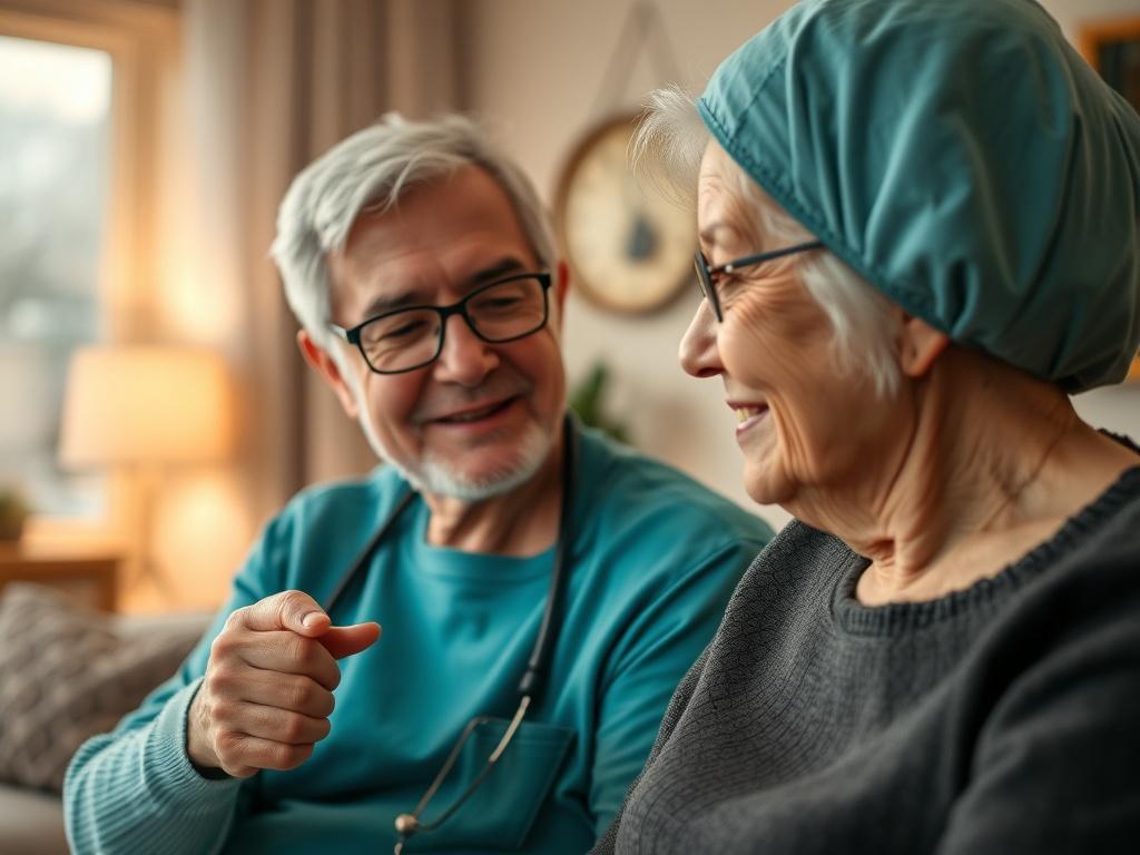 A close-up shot of a caring healthcare professional assisting an elderly person in their home. The scene should reflect warmth and compassion, with the professional gently holding the elderly person's hand. The background should be a cozy living room setting, filled with soft lighting and warm colors, emphasizing comfort and safety. The image should be rendered in hyper-realistic style, shot with a 45mm f/1.2 lens to create a shallow depth of field, highlighting the connection between the caregiver and the 