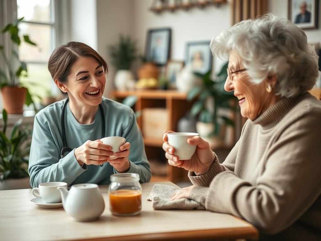 A close up shot of a caregiver and an elderly