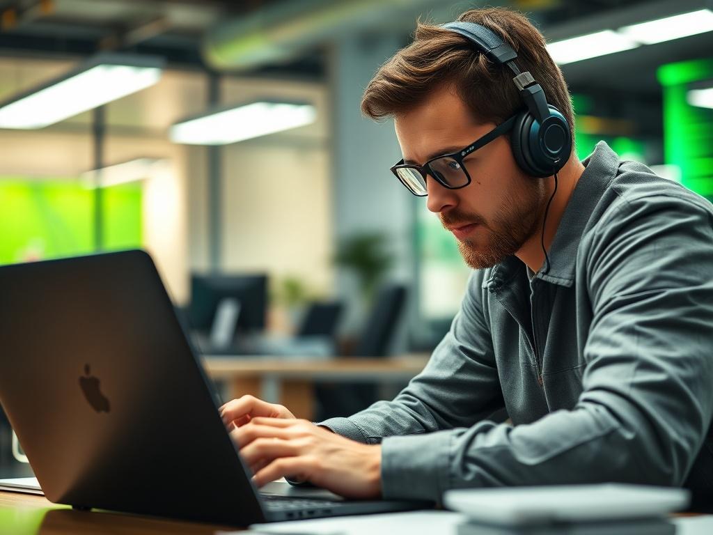 A close up shot of a focused software engineer at