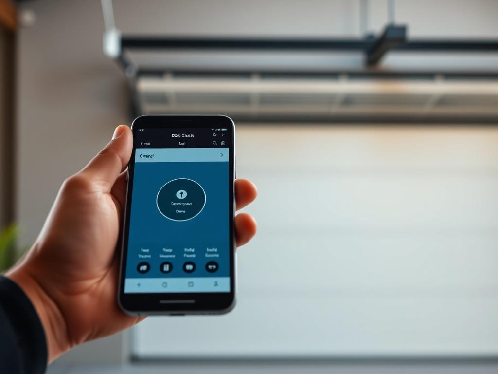 A close-up shot of a smartphone displaying a modern app interface for controlling a door operator. The background shows a sleek, contemporary garage door partially open, emphasizing the blend of technology and security. The image should be hyper-realistic, with sharp focus on the smartphone and a soft blur on the background, shot with a 45mm f/1.2 lens style.