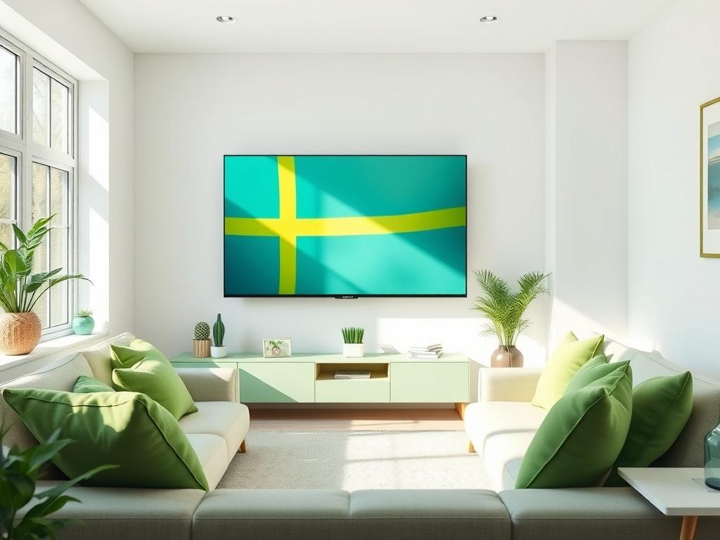 A clean and modern living room setup featuring a large