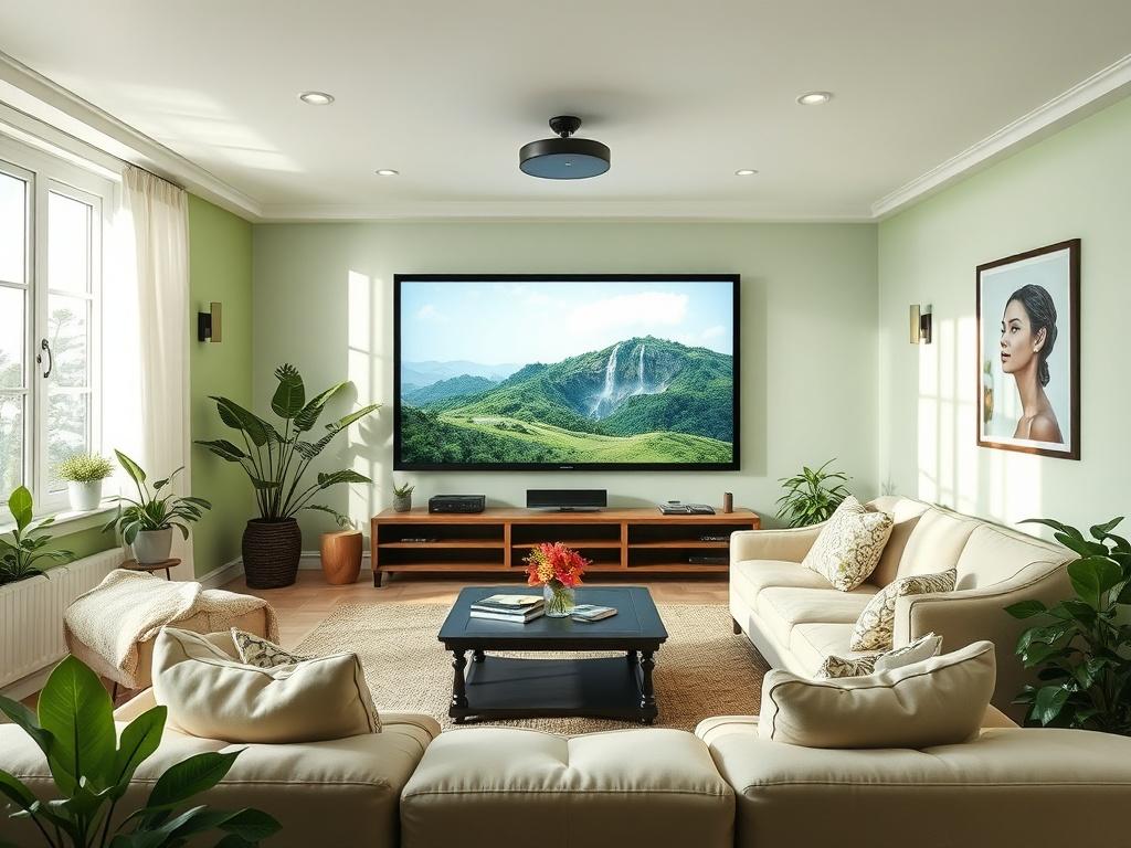 A high resolution image of a cozy home theater setup,
