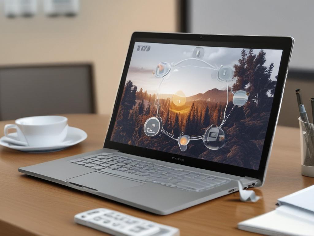 A realistic high-resolution close-up of an advanced PowerPoint presentation displayed on a computer screen. The image should focus on a visually engaging slide filled with graphics and charts. The background should feature a modern office desk with a notepad and a plant, slightly blurred to enhance focus on the screen. The color scheme should incorporate rgb(50, 170, 39). Use a 45mm f/1.2 lens style for a hyper-realistic effect.