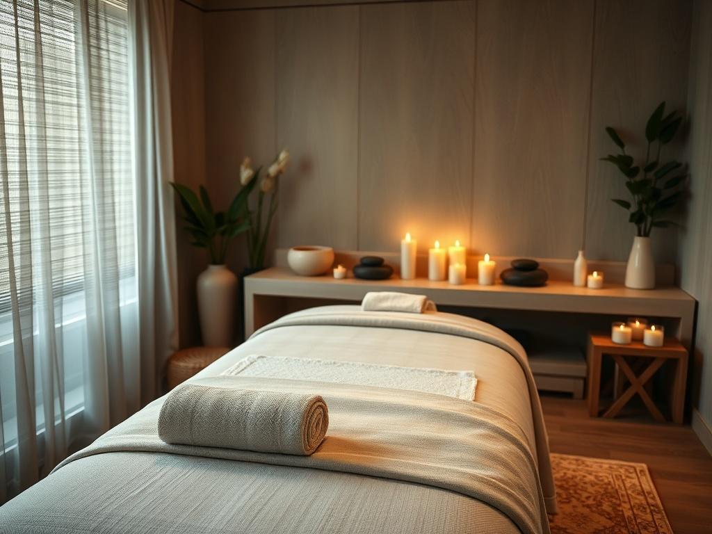 A serene spa environment featuring a massage table set up with soft linens, aromatic candles, and relaxing decor. The atmosphere should convey tranquility, with calming colors and natural elements such as plants or stones. The focus should be on the peaceful ambiance, inviting guests to unwind and enjoy their spa experience.