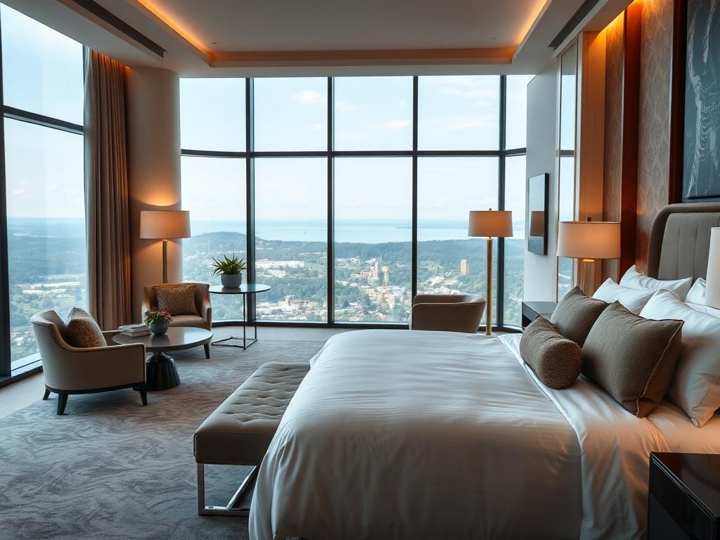 A luxurious hotel room featuring elegant furnishings, a king-size bed with plush bedding, a stylish seating area, and large windows showcasing a beautiful landscape. The room should have warm, inviting lighting, and a serene ambiance, with a focus on comfort and relaxation. The background should be softly blurred to emphasize the luxurious details of the room.