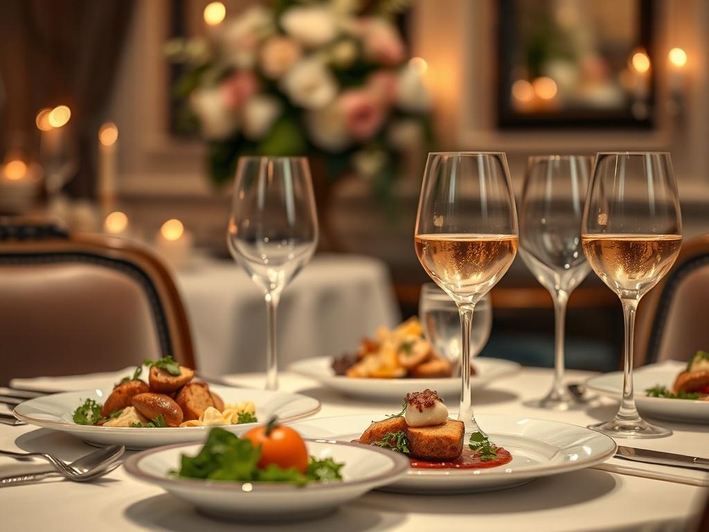 An elegantly set dining table featuring gourmet dishes beautifully plated, accompanied by fine wine glasses. The ambiance should be warm and inviting, with soft lighting creating a romantic atmosphere. The background should show a hint of luxury, such as tasteful decor and floral arrangements, enhancing the overall dining experience.