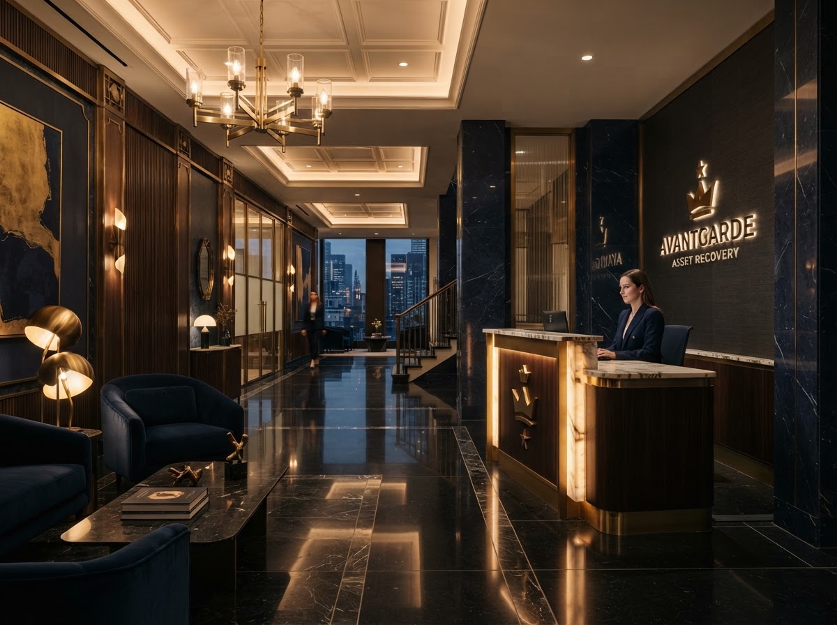 Warmly illuminated navy marble and gold private services lobby
