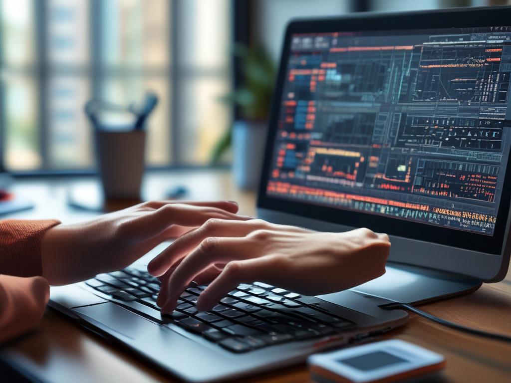 A hyper realistic close up shot of a programmer's hands