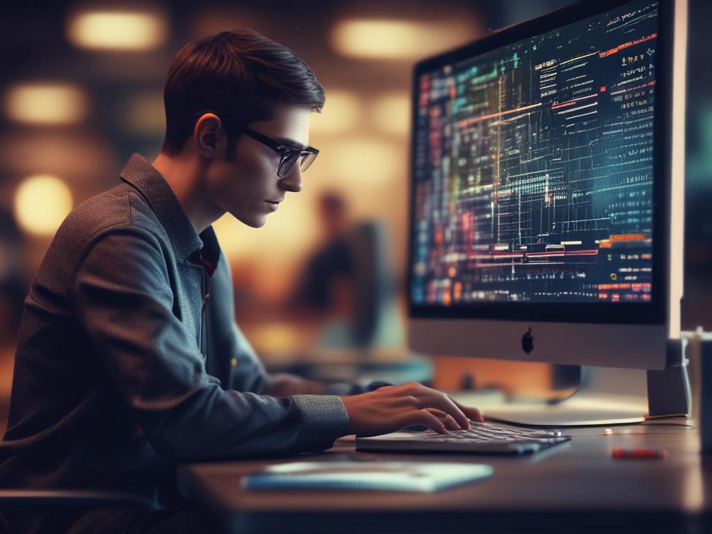 A close up shot of a young coder working on