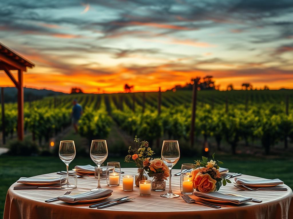 A serene wine farm at sunset with golden hues and