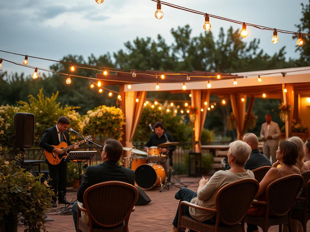 A cozy outdoor setting featuring a live jazz band performing