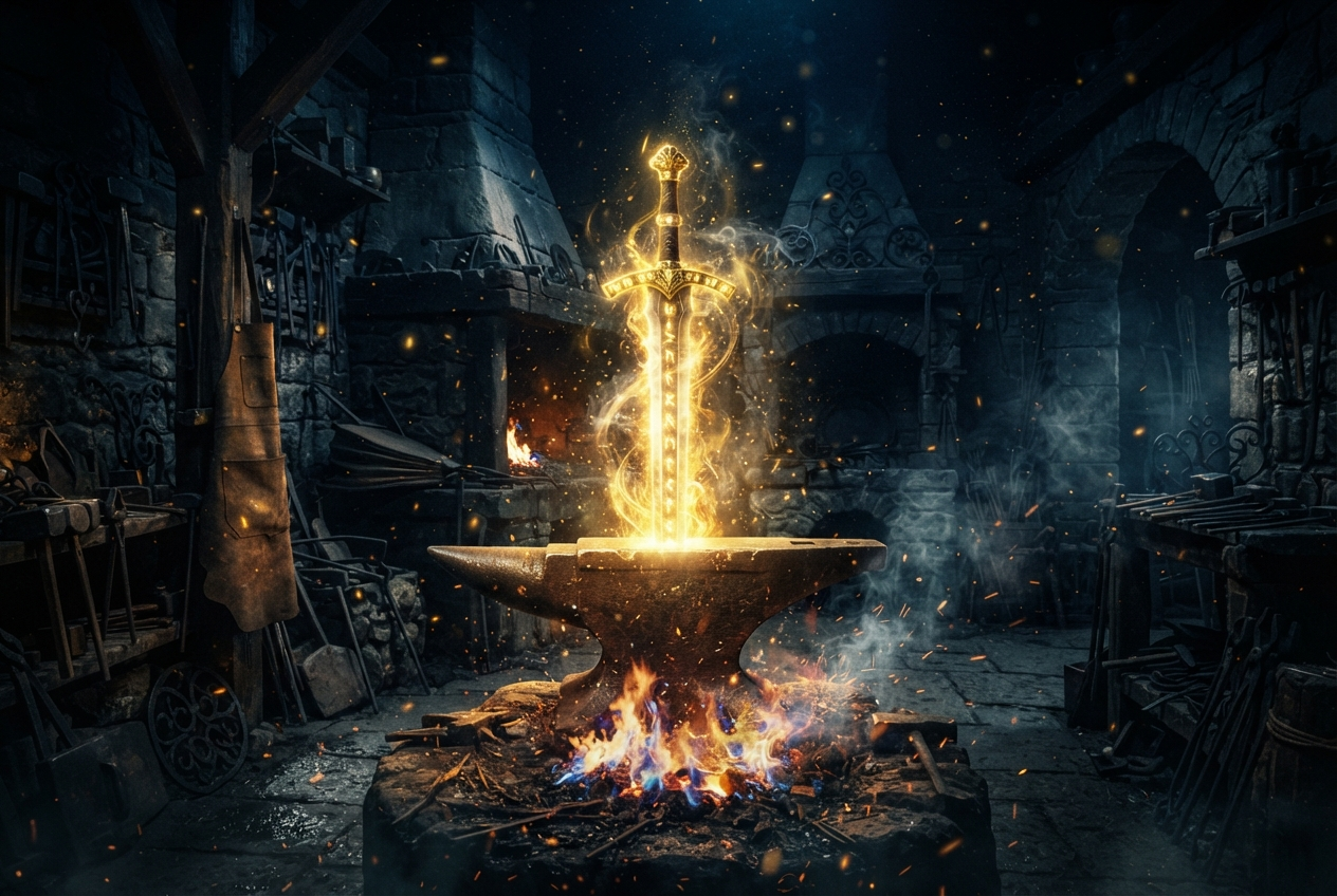 Mystical forge with sword