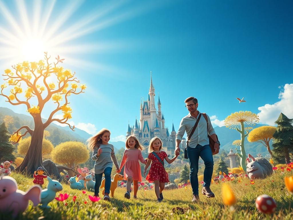 A vibrant, high-resolution image of a family of four, consisting of a mother, father, and two children, exploring a fantastical landscape filled with magical elements like glowing trees and whimsical creatures. The scene is lively and colorful, showcasing the excitement and wonder of a family adventure. The background features a castle in the distance under a bright blue sky, with rays of sunlight illuminating the enchanting surroundings. The composition is clean and focused on the family engaging with the magical environment.