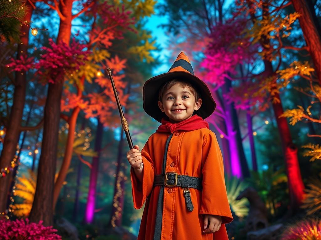 **Prompt for AI Image Generator:**

Create a realistic high-resolution photo that captures the essence of a magical family experience at Wizard Quest. The composition should feature a single subject: a smiling young child dressed in a wizard costume, complete with a pointed hat and a colorful robe, standing proudly with a wand in hand. The child should exude joy and wonder, embodying the magic of the experience.

The background should depict a beautifully designed, enchanted forest scene filled with vibrant