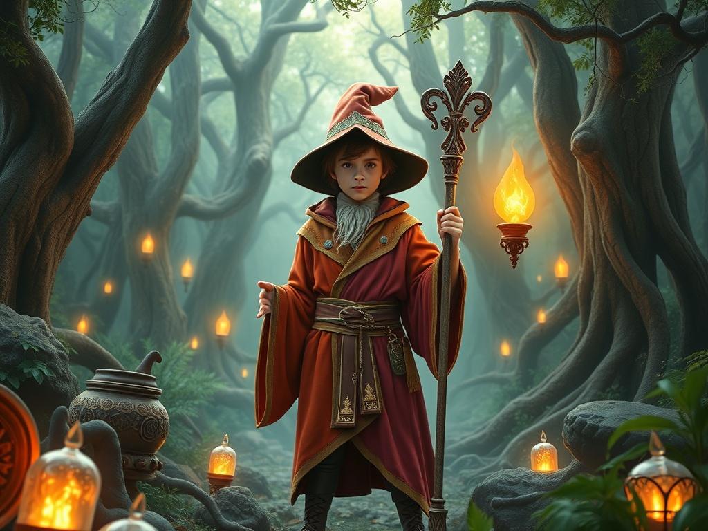 A young wizard, dressed in vibrant robes, confidently holding a magical staff while surrounded by mystical artifacts in a lush forest. The background features ancient trees and glowing lights, creating an enchanting atmosphere. The scene should convey a sense of adventure and wonder, with colors that are bold and vibrant.