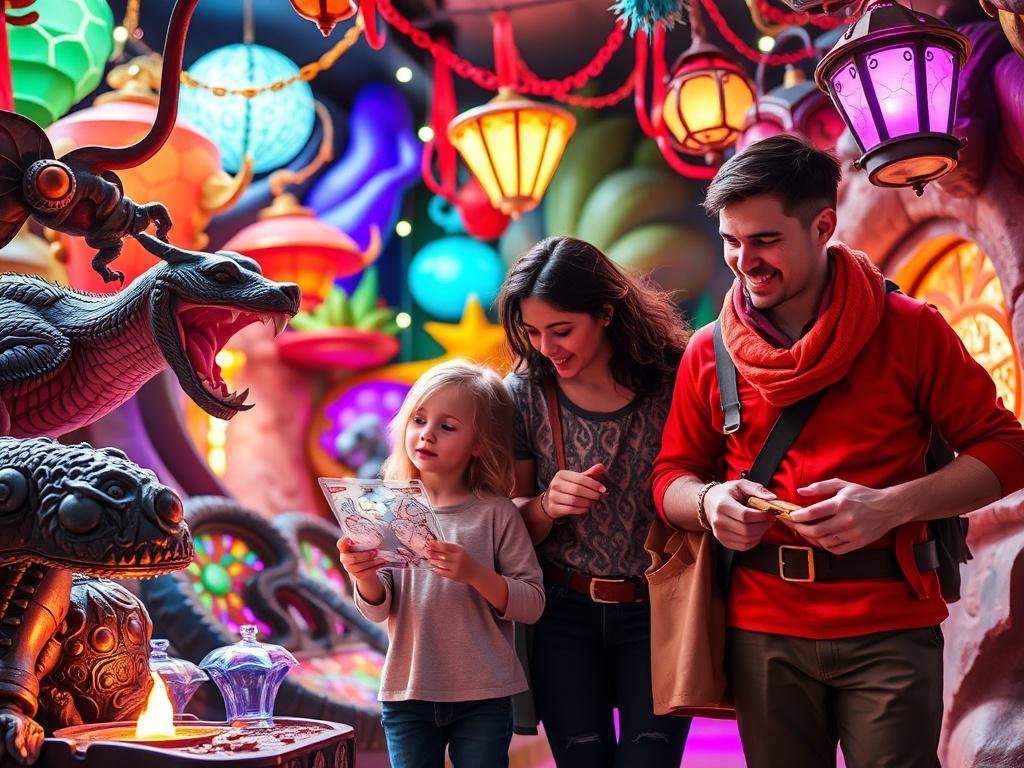 A vibrant, photorealistic scene inside a magical adventure attraction, showcasing a family of four engaged in a quest. The family, composed of parents and two children, is interacting with life-like fantasy elements like mystical creatures and enchanted objects. The background features colorful, bold decorations that reflect a whimsical, enchanting environment. The lighting is bright and inviting, emphasizing the excitement and joy of the experience.