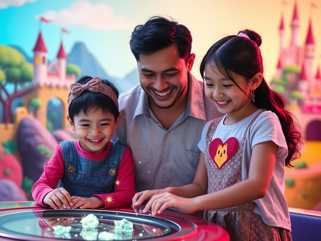 A vibrant, colorful scene depicting a family engaged in a magical quest at an interactive attraction. The background features whimsical landscapes with trees, castles, and sparkling elements. The family consists of a parent and two children, all smiling and immersed in an imaginative activity, such as solving a puzzle or discovering a hidden treasure. The composition is lively and inviting, with bold colors and a joyful atmosphere.