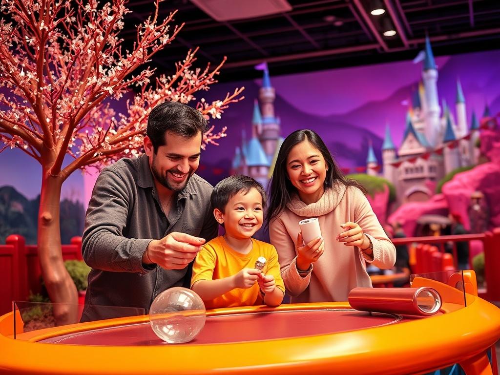 A high-resolution photo of a family enjoying an interactive attraction at Wizard Quest, set in a vibrant and colorful environment. The family, consisting of parents and two children, are engaged in a magical quest activity, surrounded by whimsical decorations and enchanting landscapes. The composition should focus on their joyful expressions and the immersive setting, with clean lines and bold colors. Background should include fantastical elements like trees with sparkly leaves and a castle in the distance.