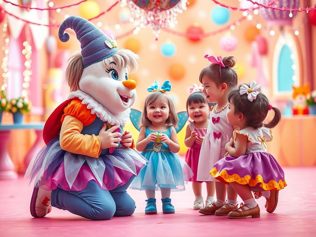 A cheerful scene featuring children joyfully interacting with a whimsical character in a colorful setting. The character, dressed in a magical costume, is kneeling down to engage with the kids who are smiling and excited. The background is filled with fantastical elements, such as sparkling lights and vibrant decorations that enhance the magical atmosphere. The overall composition should convey warmth, happiness, and the joy of imagination.
