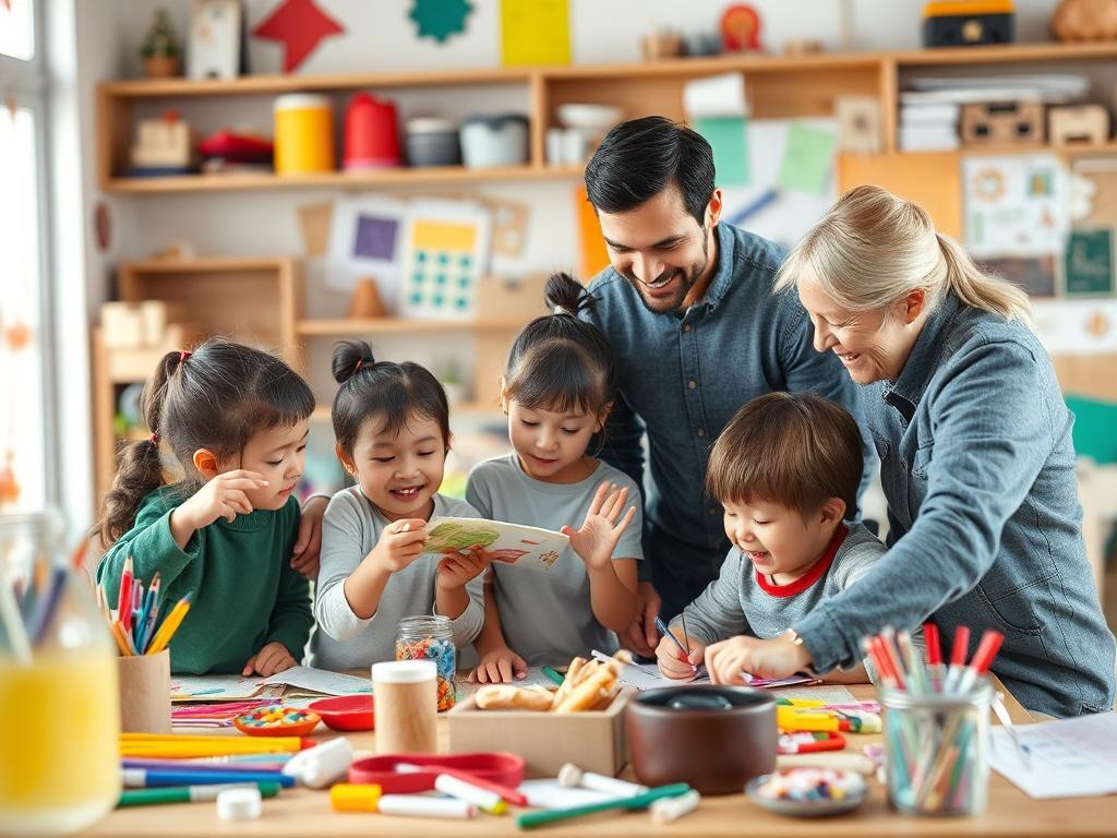 A dynamic scene of a family participating in a creative workshop, with children and parents actively engaged in crafting and storytelling. The background features colorful materials and art supplies scattered around. The atmosphere is lively, with everyone smiling and focused on their projects. The overall composition should highlight collaboration, creativity, and the joy of shared experiences among family members.