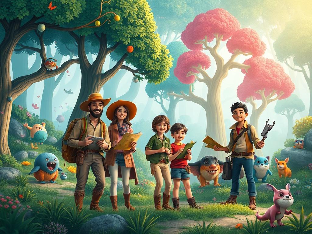 A vibrant and engaging scene depicting a family embarking on an interactive quest adventure. The background showcases a magical forest with whimsical trees and colorful creatures. The family, consisting of parents and children, is dressed in adventurous attire, holding maps and items, looking excited and intrigued by their surroundings. The overall composition should be lively, filled with bright colors and dynamic elements that convey a sense of adventure and wonder.