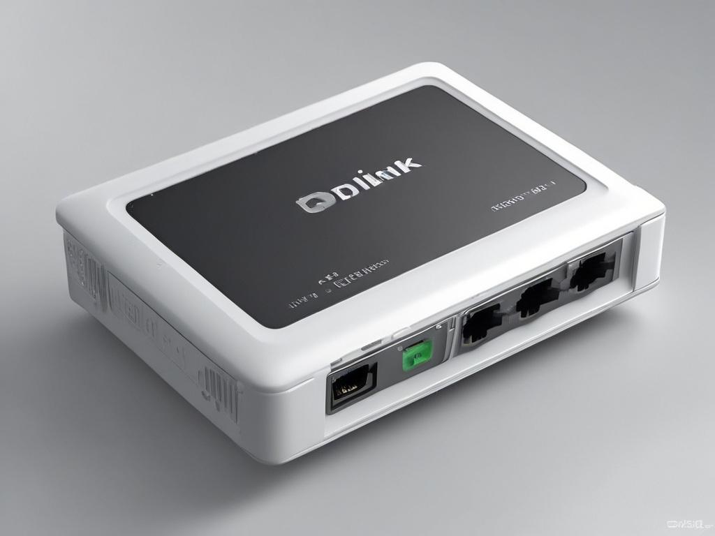 A realistic high-resolution photo of the D-Link Switch DGS-105, showcasing its sleek design and five Ethernet ports. The switch should be the only subject in the image, placed on a clean, modern desk surface. The background should be softly blurred to keep the focus on the switch. The lighting should highlight the contours and details of the device, creating a professional look. The color scheme should complement the primary color rgb(2, 86, 197), enhancing the overall aesthetic.