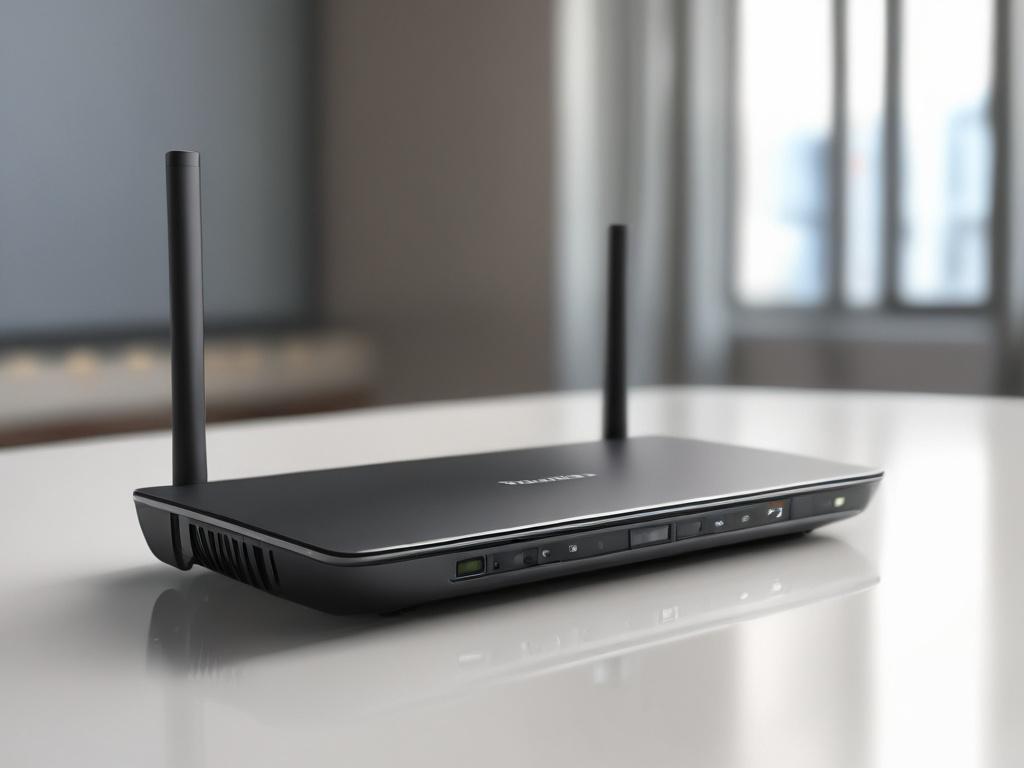 Create a hyper-realistic close-up shot of the TD-W8961ND wireless N router. The image should showcase the sleek design and features of the router, with a clean, simple background. Use a 45mm f/1.2 lens style to focus on the router, highlighting its ports and buttons. The primary color of the image should align with rgb(2, 86, 197), enhancing the overall visual appeal.
