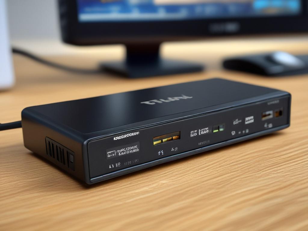 A high-resolution close-up shot of the TL-SG1005D 5-Port Gigabit Switch, showcasing its sleek design and ports. The switch should be centered in the frame with a soft-focus background that emphasizes its features. The colors should be vibrant, capturing the blue tones of the product, and the lighting should enhance the texture and details of the device. The image should be rendered in high detail to reflect realism, shot with a 45mm f/1.2 lens style.