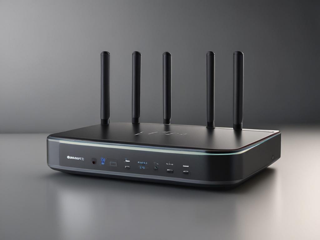 A hyper-realistic close-up of the PTX Series Core Router, emphasizing its advanced architecture and connections. The router is presented on a minimalistic background that accentuates its design and features. The photograph should capture intricate details of the router, with a focus on its cooling vents and interface ports, shot with a 45mm f/1.2 lens style.
