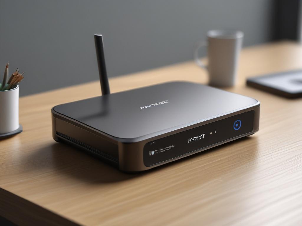 A close-up shot of the MX Series Edge Router showcasing its sleek design and advanced features. The router is displayed on a clean, simple surface with a subtle background highlighting its technology. The image should focus on the details of the router, emphasizing its ports and interfaces, shot with a 45mm f/1.2 lens style.