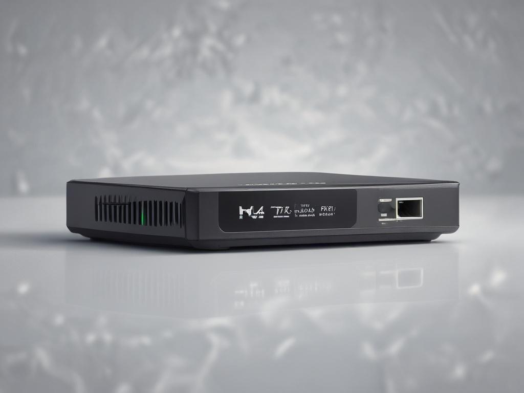 A hyper-realistic close-up shot of a MikroTik router, showcasing its sleek design and modern features. The router should be placed on a minimalist desk with a subtle blurred background, emphasizing its technical aspects. The image should be rendered with a 45mm f/1.2 lens style, highlighting intricate details while maintaining a clean composition. Use the primary color rgb(2, 86, 197) subtly in the background to complement the product.